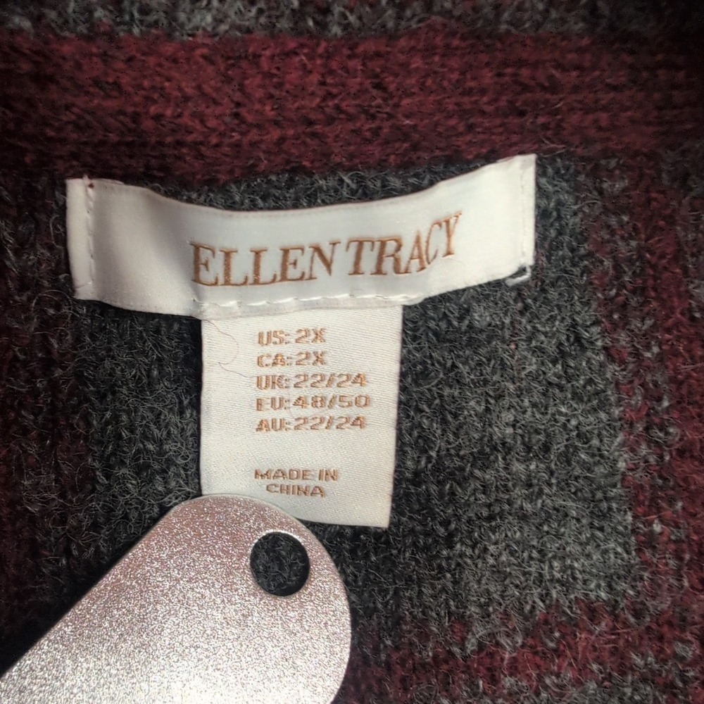 Ellen Tracy Women's 2X Burgundy Grey Plaid Open‎ Front Cardigan Sweater - Picture 2 of 4